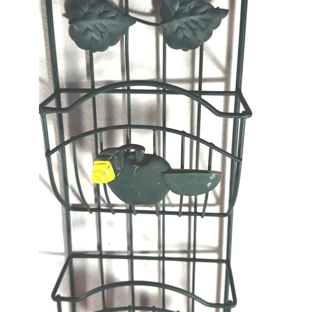 Vintage Dark Green Metal Wall Clock Mail Organizer Key Rack Apple Leaf Decor